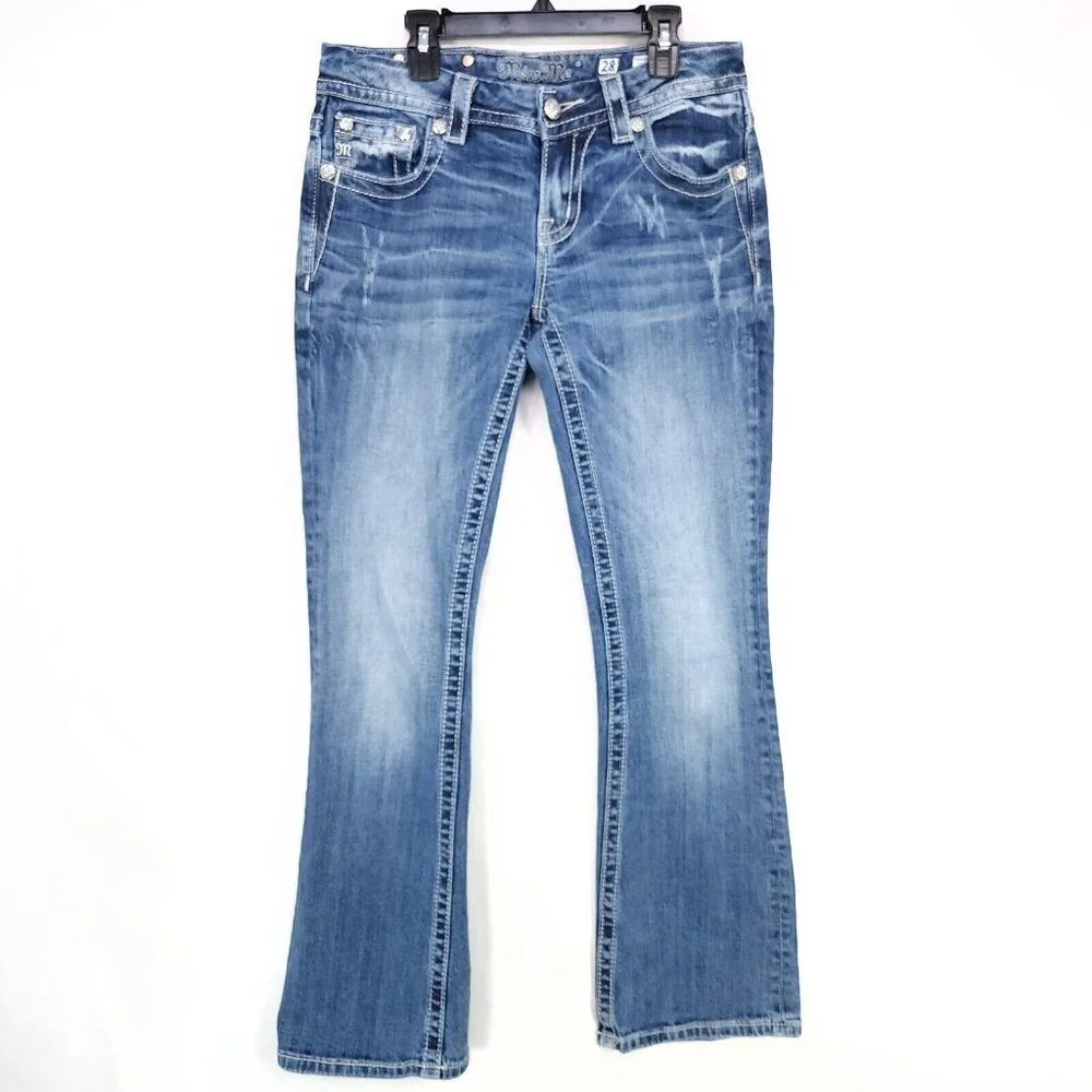 Miss Me Jeans Women Size 28 Blue Signature Rise Boot Stretch Thick Stitch